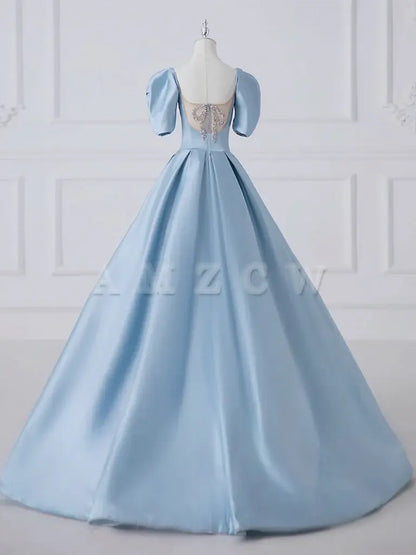 Amzcw A-Line Satin Blue Long Prom Dress Blue Satin Long Formal Dress prom dresses shops