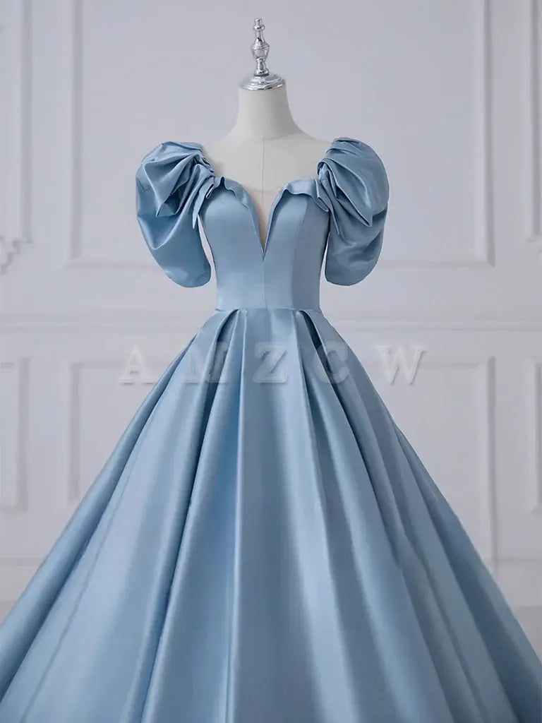Amzcw A-Line Satin Blue Long Prom Dress Blue Satin Long Formal Dress prom dresses shops
