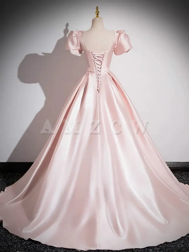 Amzcw A-Line Satin Pink Long Prom Dress Pink Long Formal Dress prom dresses shops