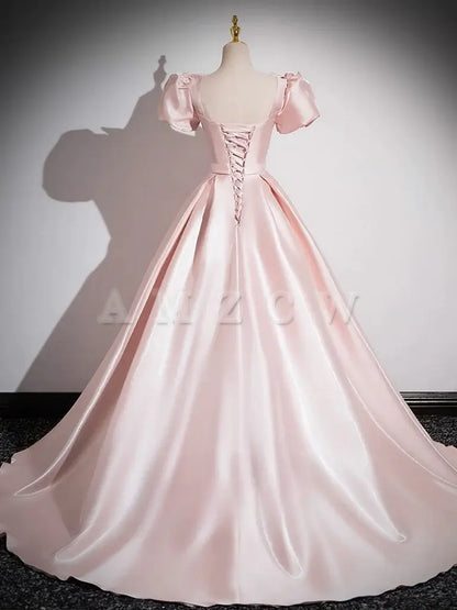Amzcw A-Line Satin Pink Long Prom Dress Pink Long Formal Dress prom dresses shops