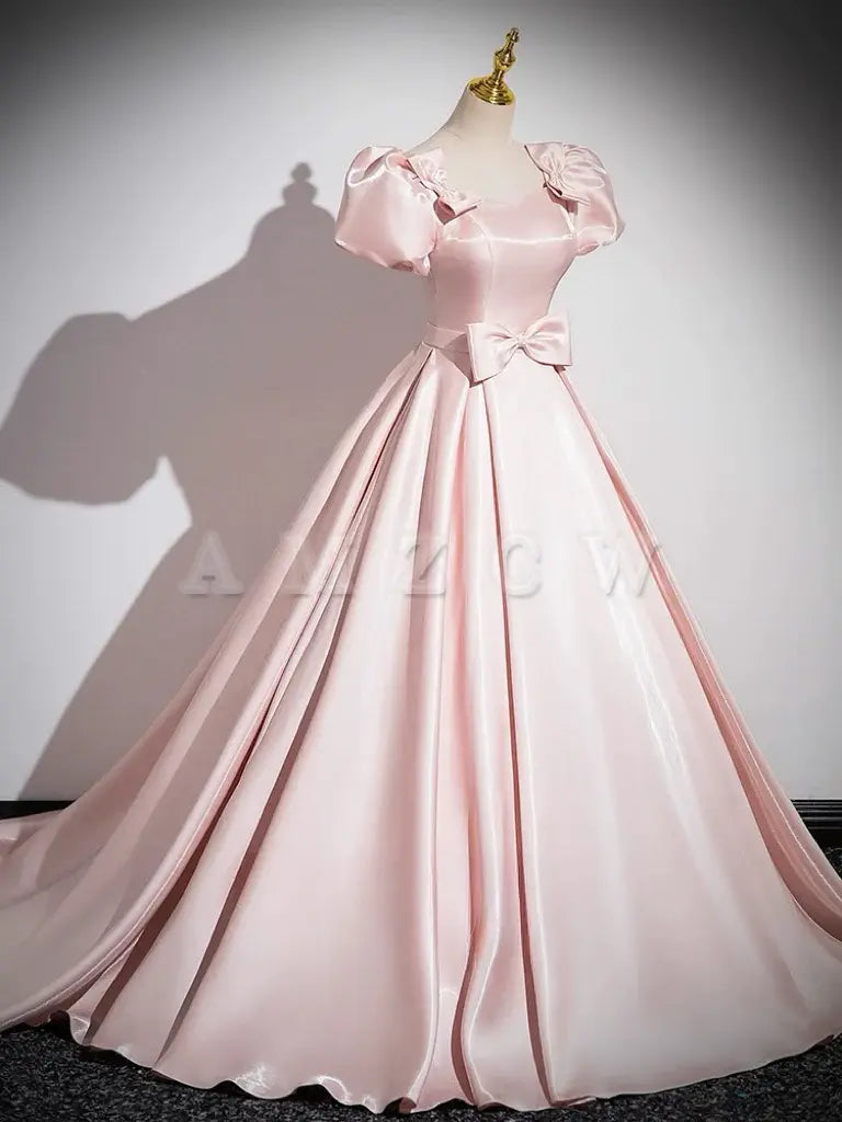 Amzcw A-Line Satin Pink Long Prom Dress Pink Long Formal Dress prom dresses shops