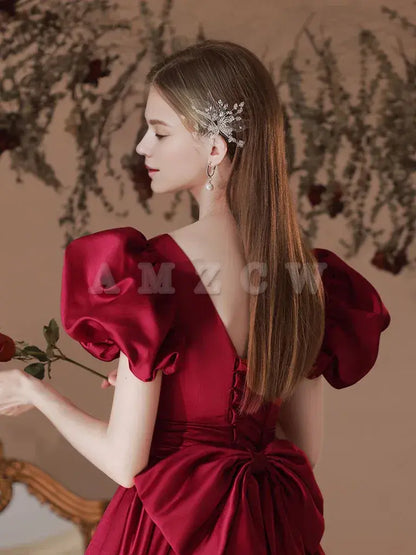 Suknia balowa Amzcw A-Line Satin Tea Length w kolorze bordowym, sukienka formalna w kolorze bordowym, dostępna w sklepie 