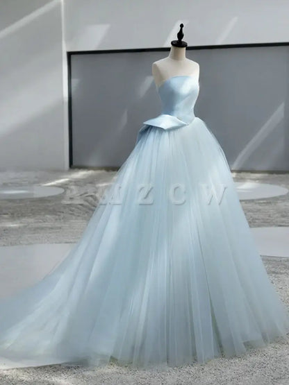 Amzcw A-Line Satin Tulle Blue Long Prom Dress Blue Long Formal Dress prom dress in store