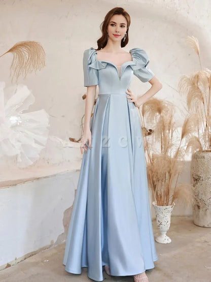 Vestido de fiesta largo azul satinado con escote cuadrado y corte A de Amzcw, vestido de noche formal azul, vestido de fiesta en tienda. 