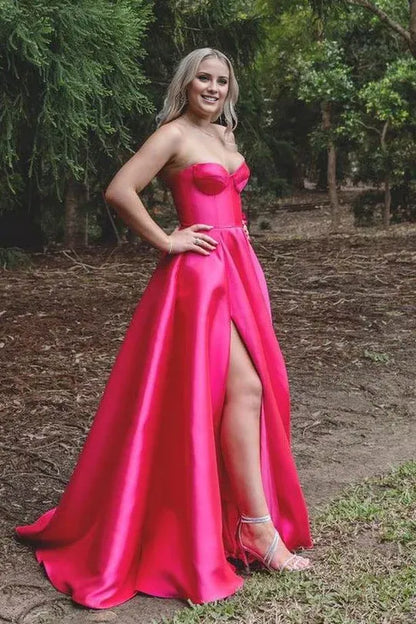 Amzcw A-Line Strapless Empire-Waist Sleeveless Satin Long Prom Formal Dress with Slit formal wear dresses