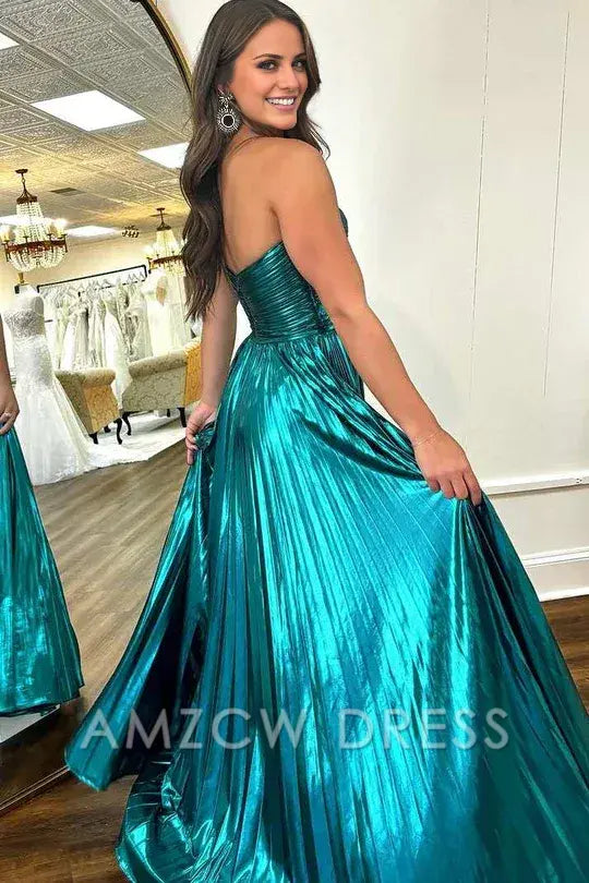 Vestido de fiesta largo plisado metalizado con abertura y corte A de Amzcw