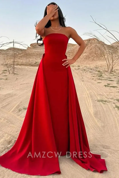 Vestido largo de fiesta formal Amzcw de satén plisado, sin tirantes, con escote redondo y corte A