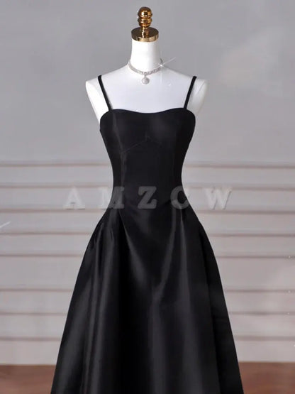 Suknia wieczorowa Amzcw A-Line Sweetheart Neck Satin Black Long Prom Dress - sklepy z sukniami balowymi 