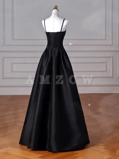 Suknia wieczorowa Amzcw A-Line Sweetheart Neck Satin Black Long Prom Dress - sklepy z sukniami balowymi 