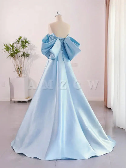 Vestido de fiesta largo azul satinado con escote corazón y corte en A de Amzcw. Vestido formal largo azul. Tiendas de vestidos de fiesta. 