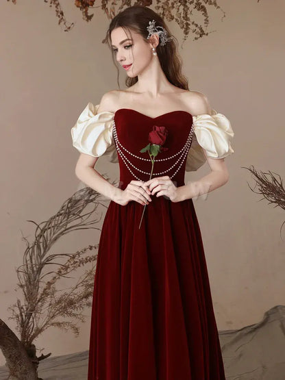 Vestido de fiesta largo de terciopelo burdeos con escote corazón y corte en A de Amzcw, vestido de noche burdeos, vestido de fiesta en tienda 