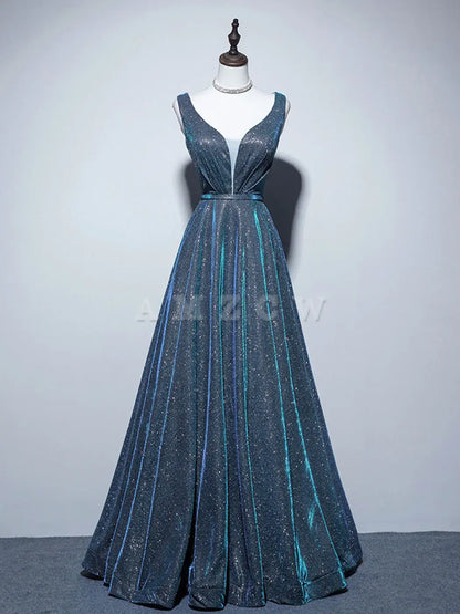 Vestido de fiesta largo azul satinado con escote en V y corte A de Amzcw. Vestidos formales azules. Vestido de fiesta en tienda. 