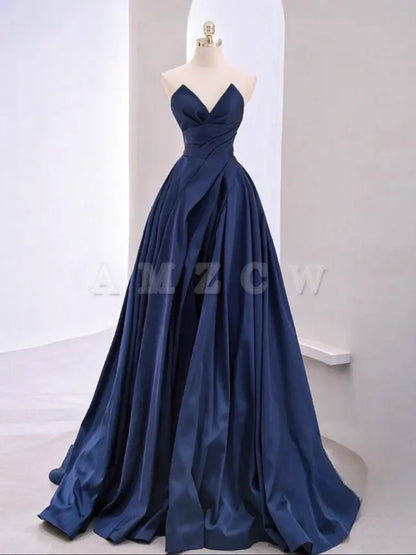 Vestido de fiesta largo azul oscuro de satén con escote en V y corte A de Amzcw Vestido de noche largo azul oscuro Tiendas de vestidos de fiesta 