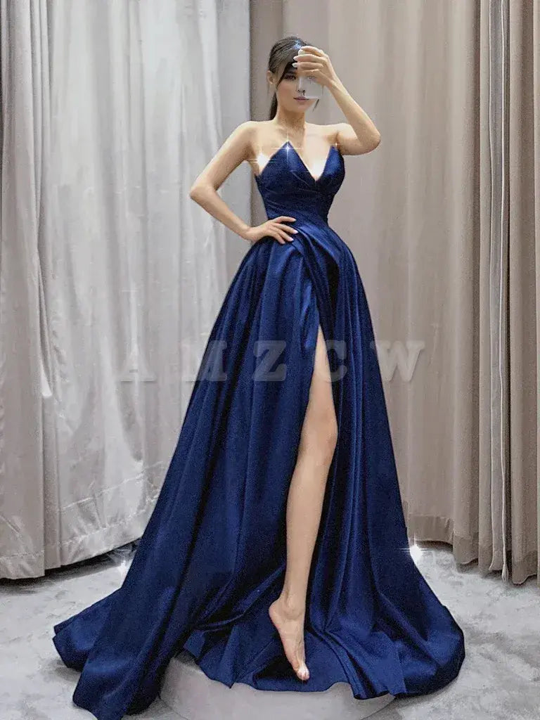 Vestido de fiesta largo azul oscuro de satén con escote en V y corte A de Amzcw Vestido de noche largo azul oscuro Tiendas de vestidos de fiesta 