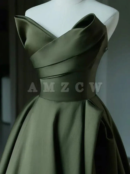 Amzcw A-Line V Neck Satin Green Long Prom Dress Green Long Formal Dress prom dresses shops