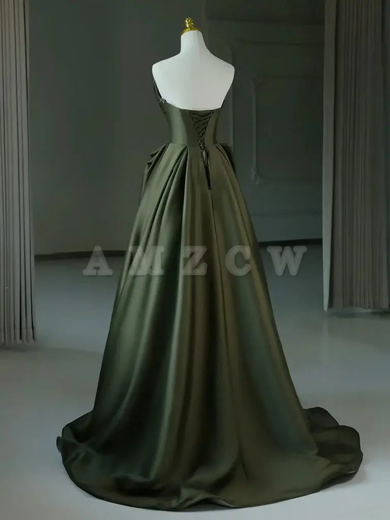 Amzcw A-Line V Neck Satin Green Long Prom Dress Green Long Formal Dress prom dresses shops