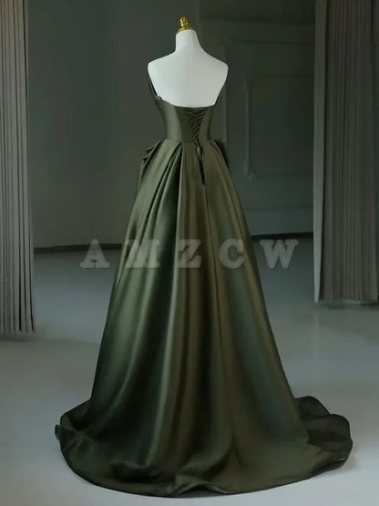 Amzcw A-Line V Neck Satin Green Long Prom Dress Green Long Formal Dress prom dresses shops