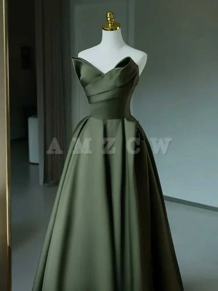 Amzcw A-Line V Neck Satin Green Long Prom Dress Green Long Formal Dress prom dresses shops