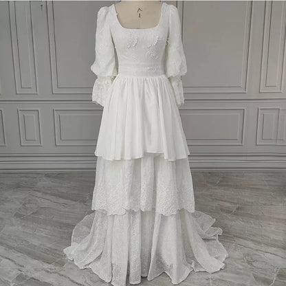 A-Line/Princess Lace Long Sleeves Layers Square Sweep/Brush Train Wedding Dresses