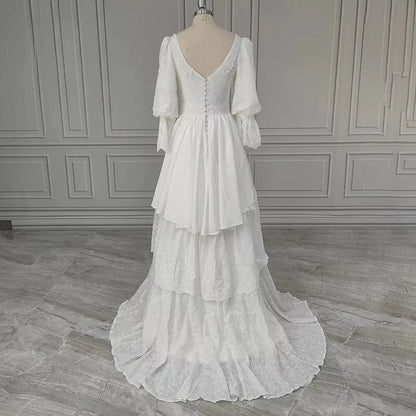 A-Line/Princess Lace Long Sleeves Layers Square Sweep/Brush Train Wedding Dresses