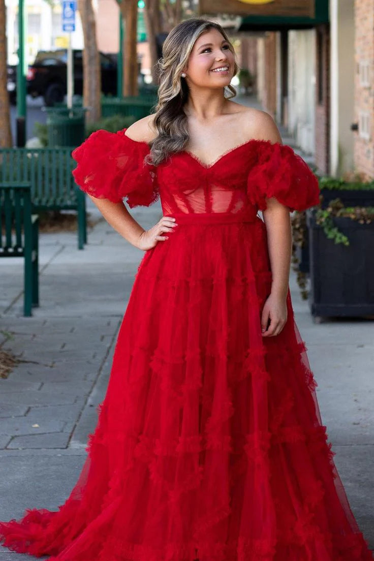 A Lline Off the Shoulder Tulle Prom Dresses For Woman