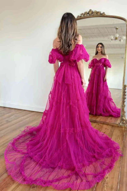 A Lline Off the Shoulder Tulle Prom Dresses For Woman