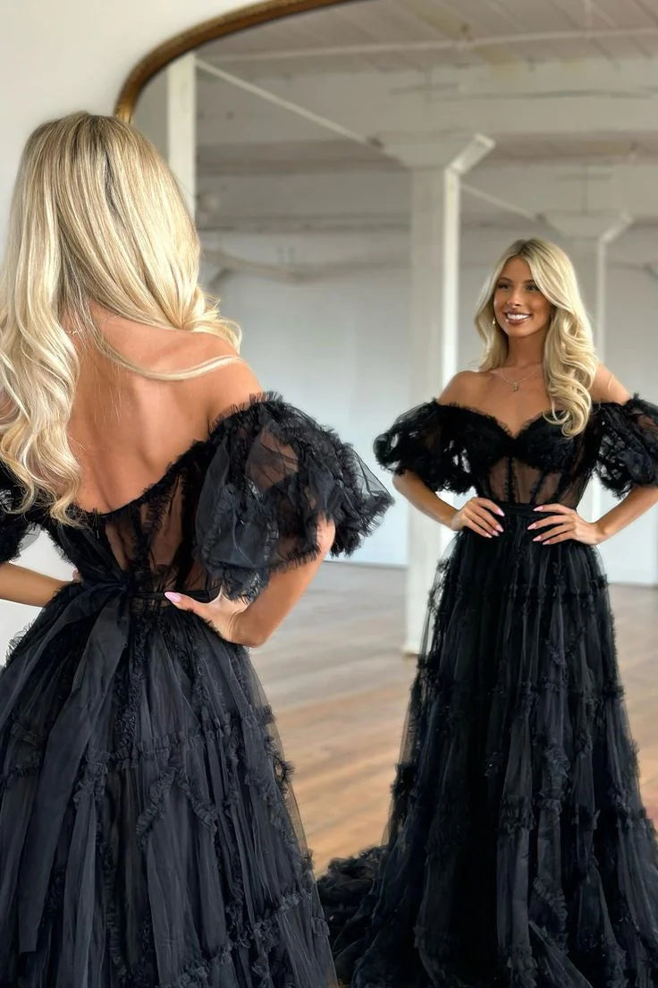 A Lline Off the Shoulder Tulle Prom Dresses For Woman