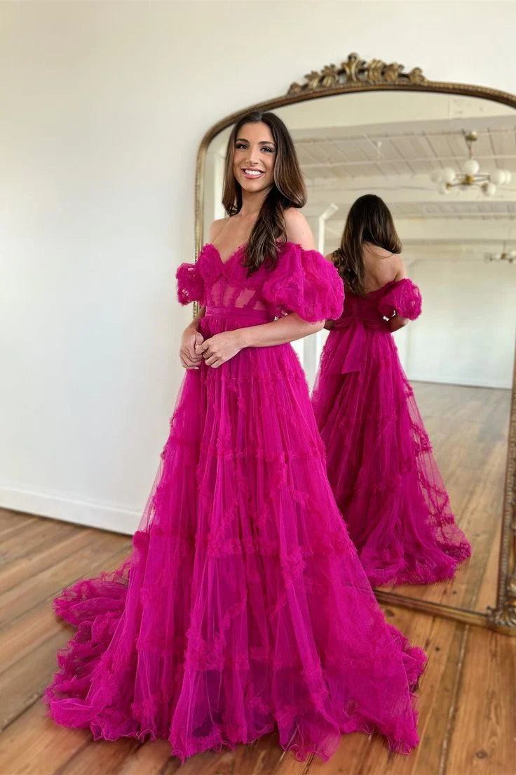 A Lline Off the Shoulder Tulle Prom Dresses For Woman