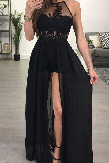 Vestido de fiesta largo de gasa con apliques, corte A, cuello halter, transparente, negro, largo hasta el suelo