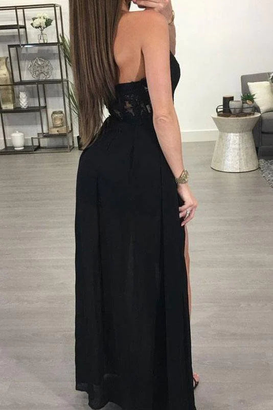 Vestido de fiesta largo de gasa con apliques, corte A, cuello halter, transparente, negro, largo hasta el suelo