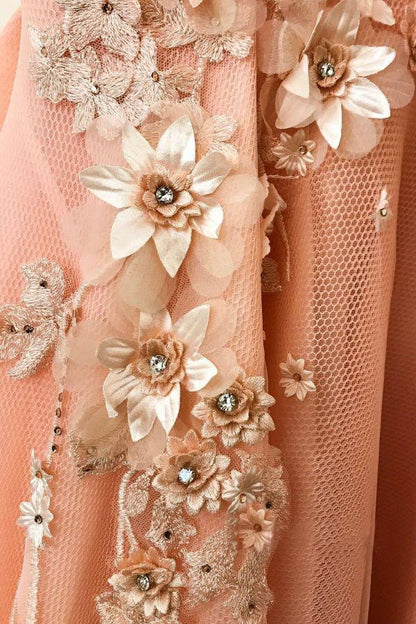 A line Pink V Neck Prom Dresses with Slit Lace Appliques Prom Gowns