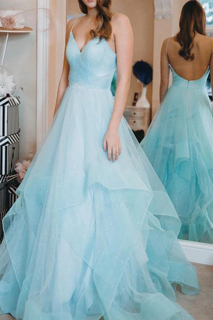 Vestidos de fiesta de corte A con volantes rojos, tirantes finos, escote en V, espalda descubierta, vestidos de noche largos 