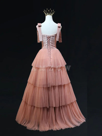 Amzcw Vestidos de fiesta largos de tul rosa de corte A Vestidos de noche formales rosas Vestido de fiesta en tienda 
