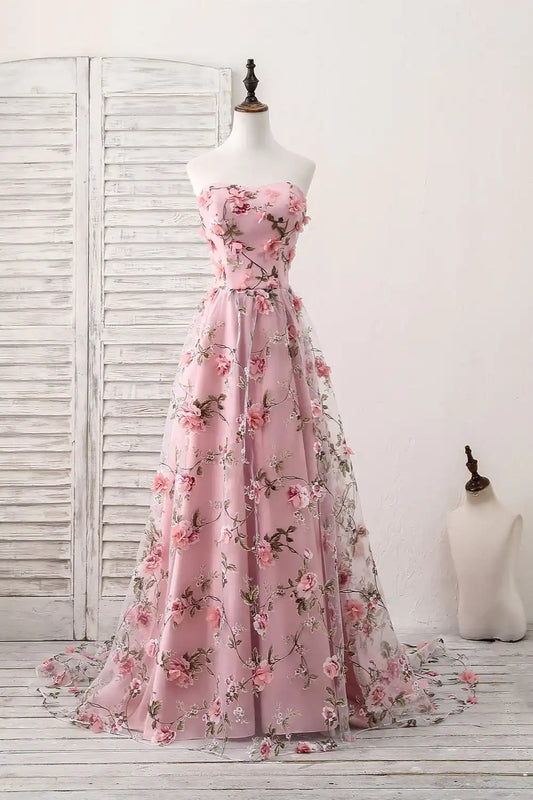 Vestidos de fiesta largos con estampado floral, corte en A, escote corazón, sin tirantes, cola larga y flores 