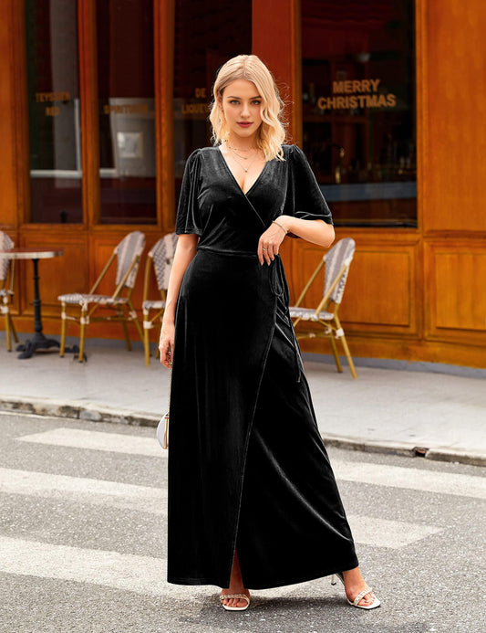 Amzcw Women's V Neck Wrap Velvet Maxi Dress Bell Sleeve Split Bridesmaid Cocktail Party Dresses dresses evening wear