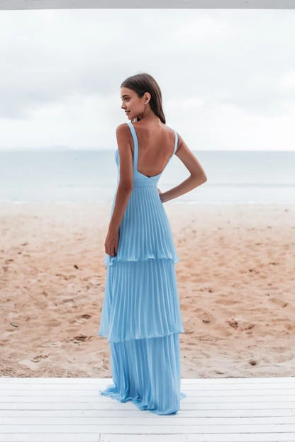 Airy A-Line Deep V-Neck Spaghetti-Strap Open Back Floor-Length Evening Dresses
