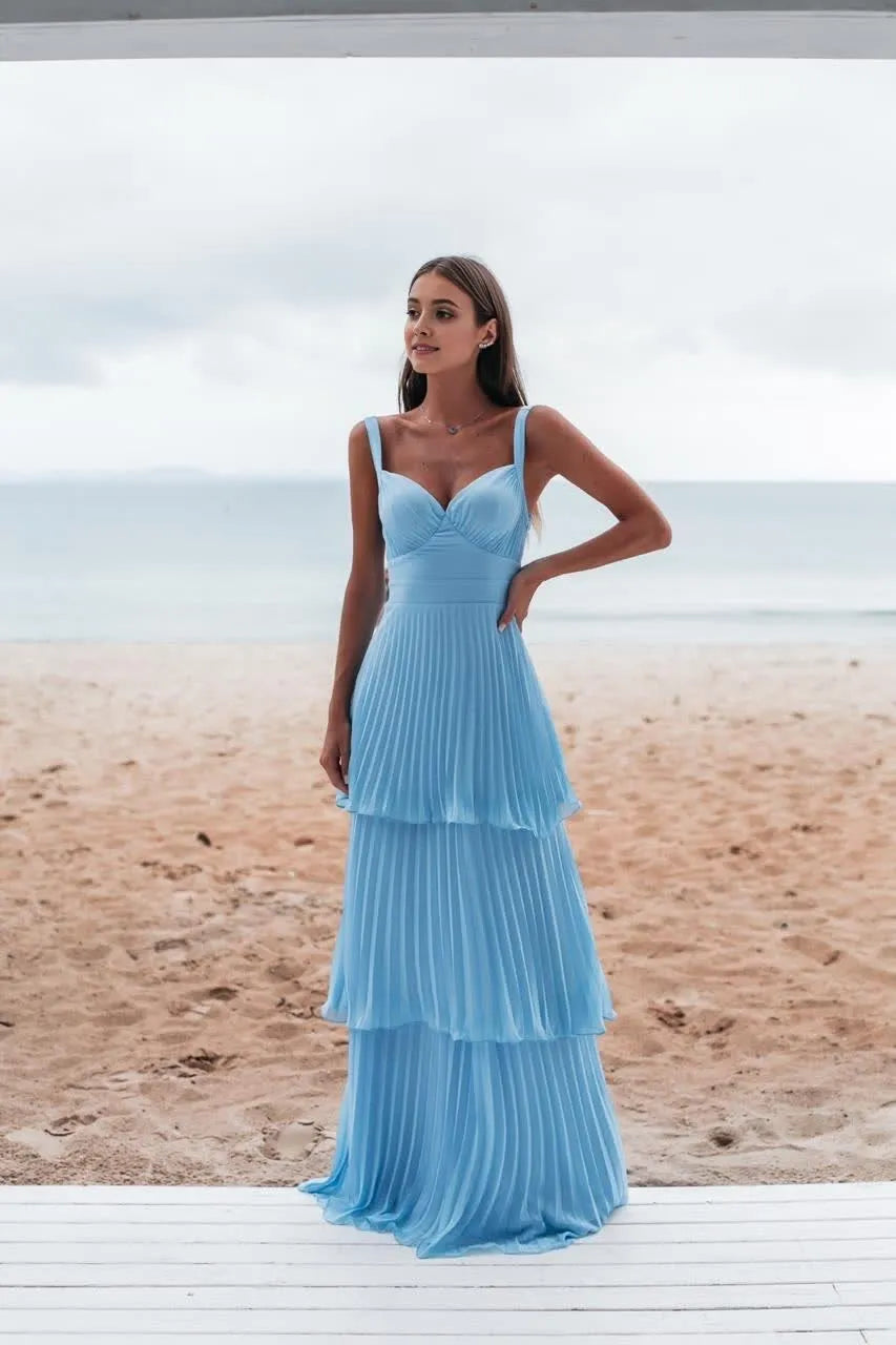 Airy A-Line Deep V-Neck Spaghetti-Strap Open Back Floor-Length Evening Dresses