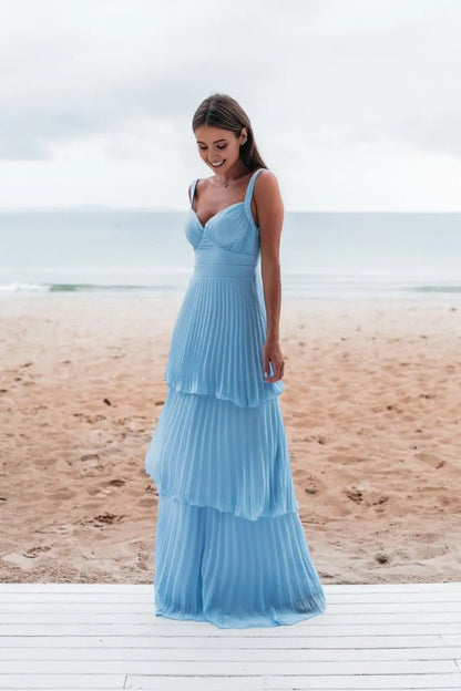 Airy A-Line Deep V-Neck Spaghetti-Strap Open Back Floor-Length Evening Dresses
