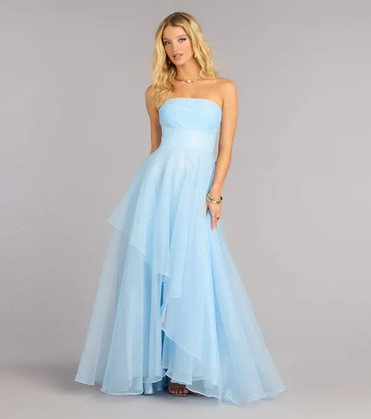 Airy Light Blue A-Line Strapless Sleeveless Zip-Back Floor-Length Prom Dresses