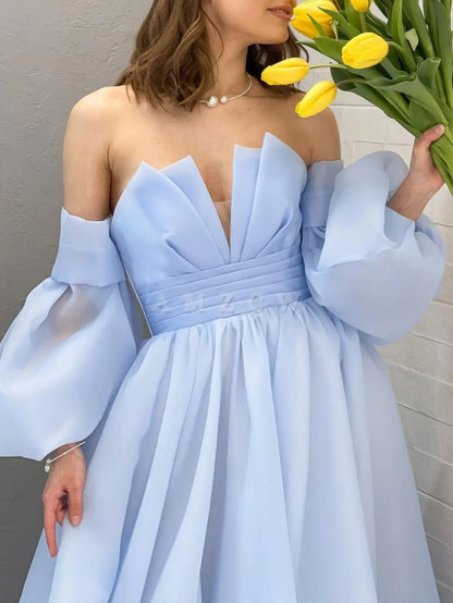Amzcw Aline Organza niebieska długa sukienka na studniówkę bufiaste rękawy niebieska długa formalna sukienka na imprezę sukienka na studniówkę w sklepie 