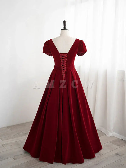 Amzcw A line velvet burgundy long prom dress burgundy bridesmaid dress prom dresses shops