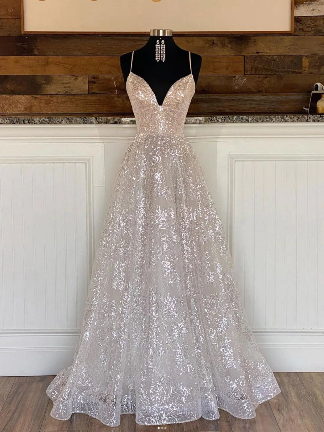 Amzcw A line v neck sequin tulle long prom dress tulle formal dress formal wear dresses