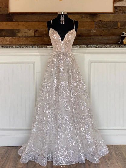 Amzcw A line v neck sequin tulle long prom dress tulle formal dress formal wear dresses