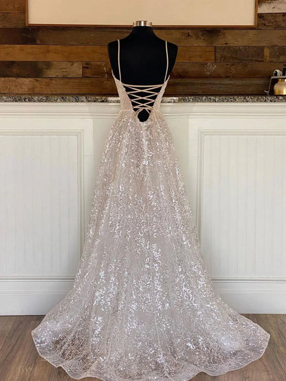 Amzcw A line v neck sequin tulle long prom dress tulle formal dress formal wear dresses