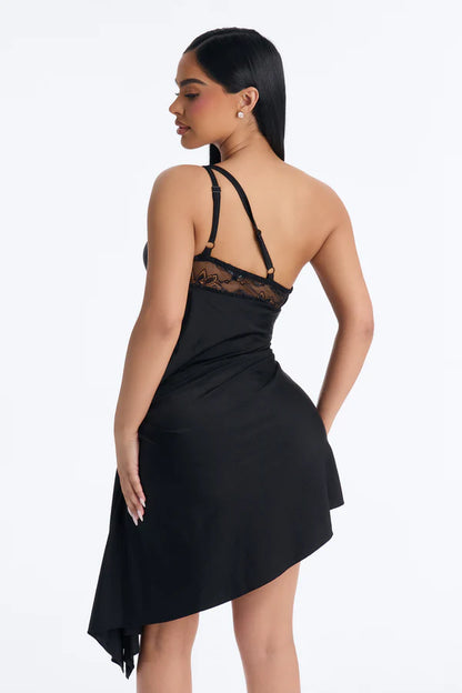Alluring A-Line Lace Trim V-Neck Sleeveless Ruched Asymmetrical Black Mini Homecoming Dress Women's