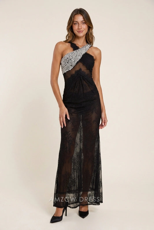 Alluring Sheath One-Shoulder Embellished Lace Black Maxi Prom Dress
