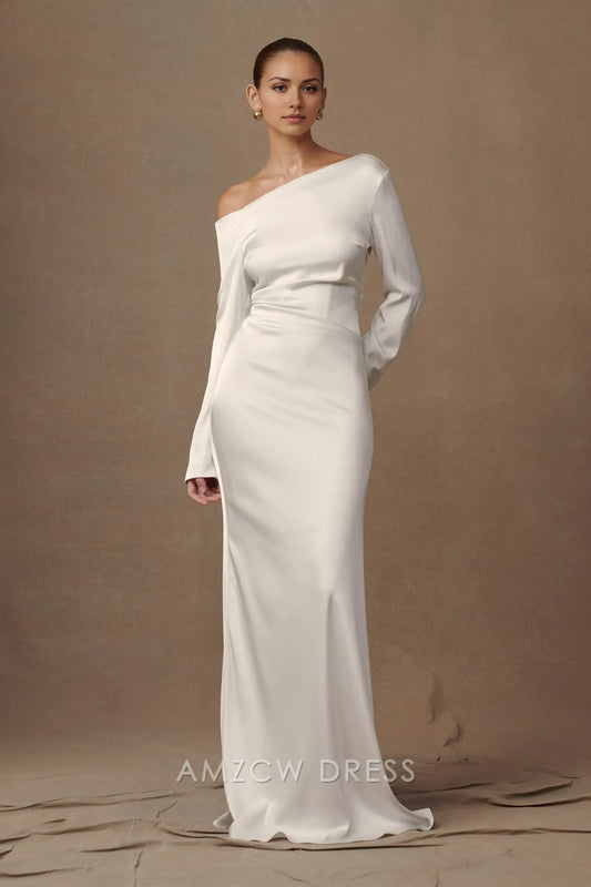 Amzcw Elegant Asymmetric One - Shoulder Satin Gown with Long Sleeves: A Minimalist Masterpiece for Formal Affairs