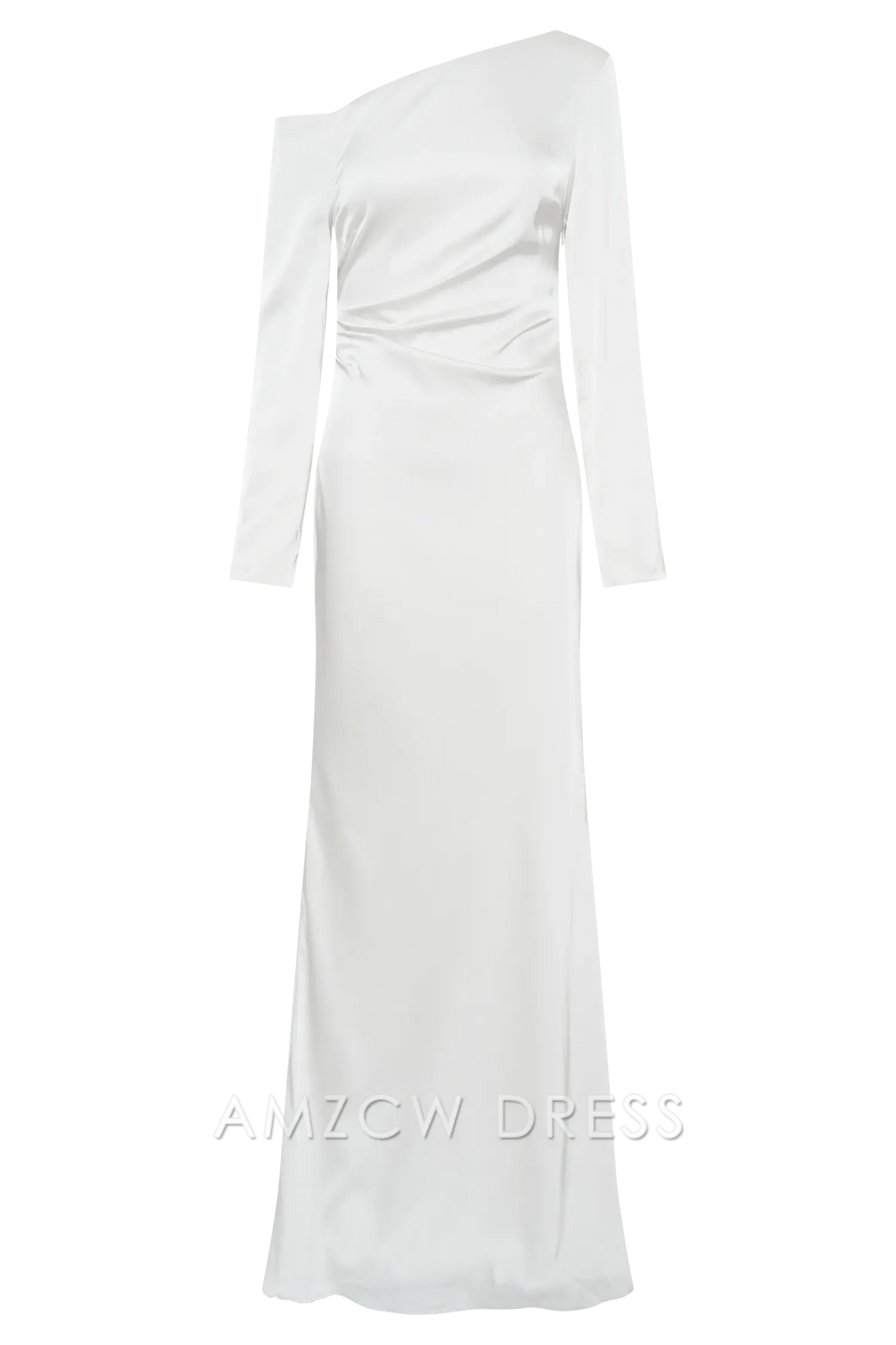 Amzcw Elegant Asymmetric One - Shoulder Satin Gown with Long Sleeves: A Minimalist Masterpiece for Formal Affairs