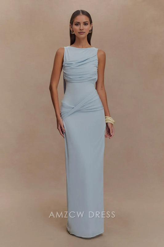 Amzcw Elegant Asymmetric Ruched Maxi Dress with Open Back and Draped Detail: A Bold Choice for Fashion Events