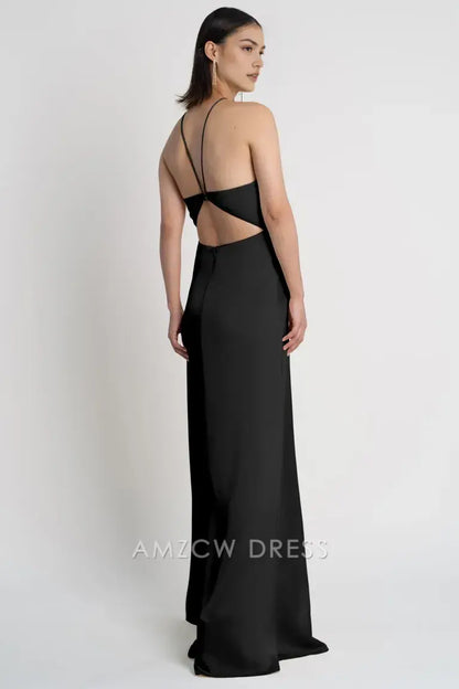 Amzcw - Elegante vestido negro de gasa con cuello halter - Vestido largo ajustado con abertura alta - Vestidos formales 